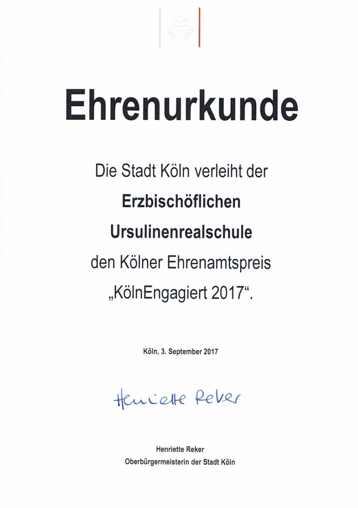 Ehrenurkunde KölnEngagiert 2017