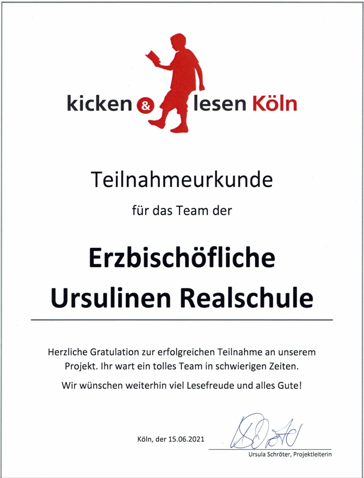 Urkunde Kicken und Lesen
